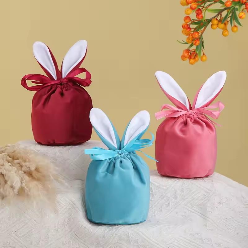 Rabbit Ears Gift Bag Easter Decoration Velvet Bag Chocolate Candy Drawstring Bag Home Baby Shower Birtyday Wedding Party Decor