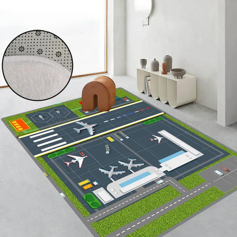 1pcs Kids Play Area Rugs Living Room Airport Landing Strips Top View Airplane Arrival 3D Rug Kids' Bedroom Playroom Decor