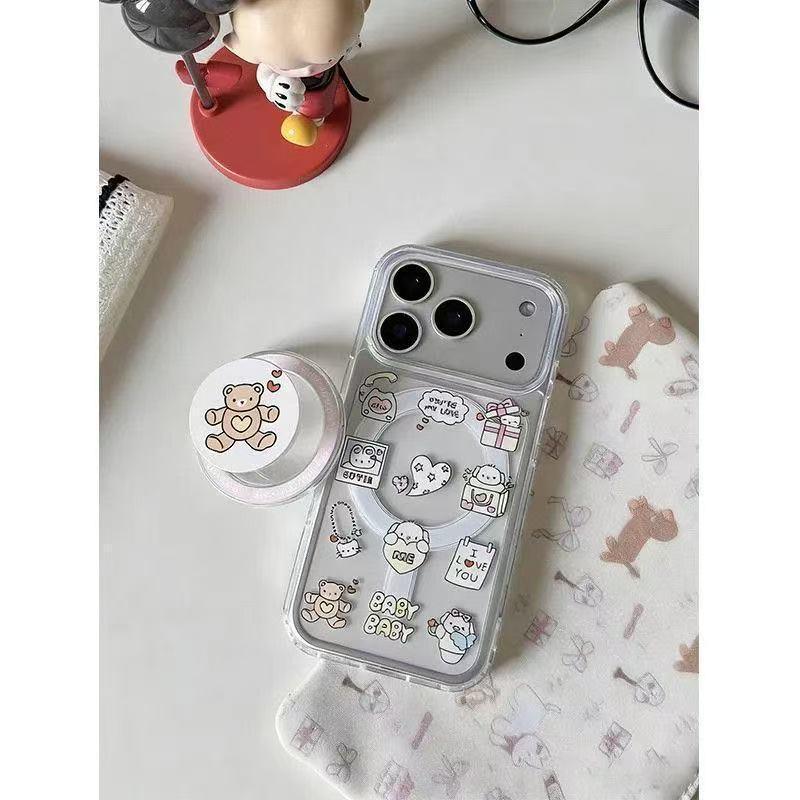 Korean Style Love Heart Bear iPhone 17 Case, Compatible with 16 Promax, Magnetic 15, Cute 14, Anti-fall 13.