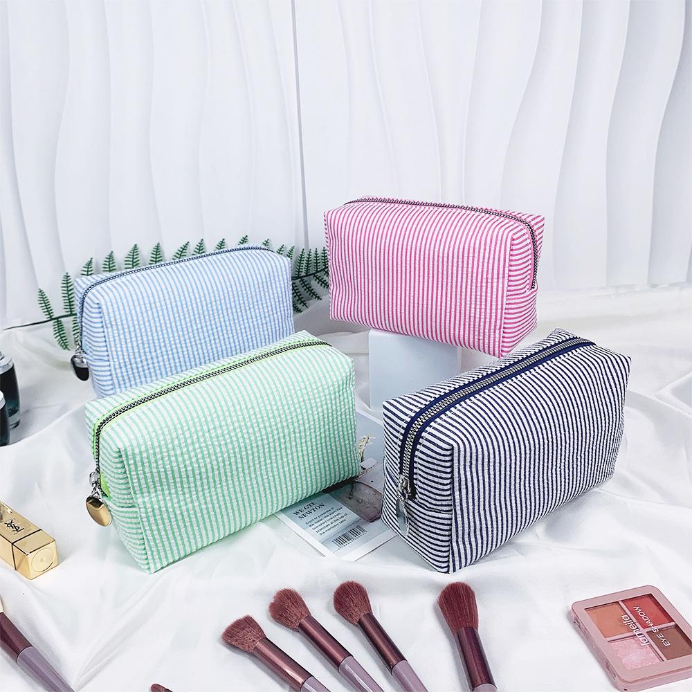 Seersucker Makeup & Toiletry Bag: Large Capacity, Embroidered, Striped Travel Clutch