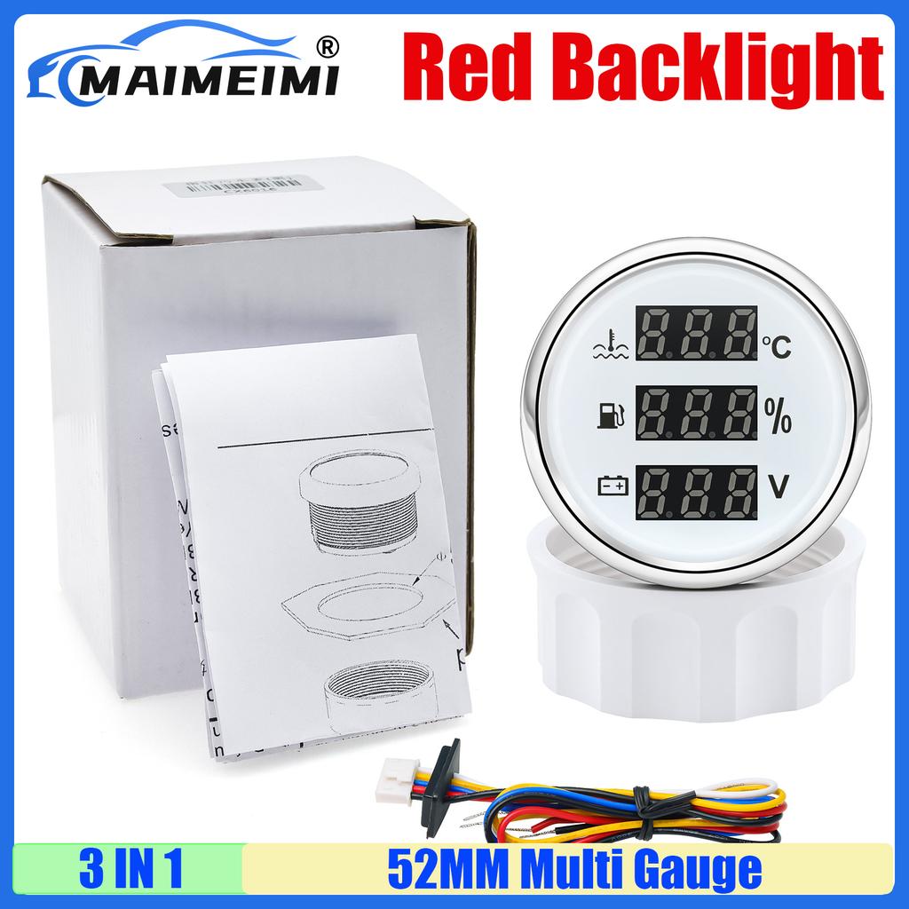 Multifunctional 2"52MM Gauge Digital Water Temperature+Fuel Level Gauge+Voltage with Alarm Red Light for Marine Boat Yacht Car