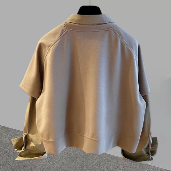 Men Shirt Lapel Long Sleeve Solid Color Splicing Fake Two-Piece Design Pullover Tops Loose Fit Casual Shirt Work Wear