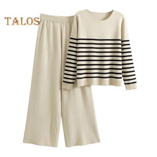 2 Pcs/Set Women Top Pants Set Striped Print Round Neck Long Sleeves Sweatshirt Elastic Waist Wide Leg Sweatpants Sport Outfit Autumn Casual Tracksuit