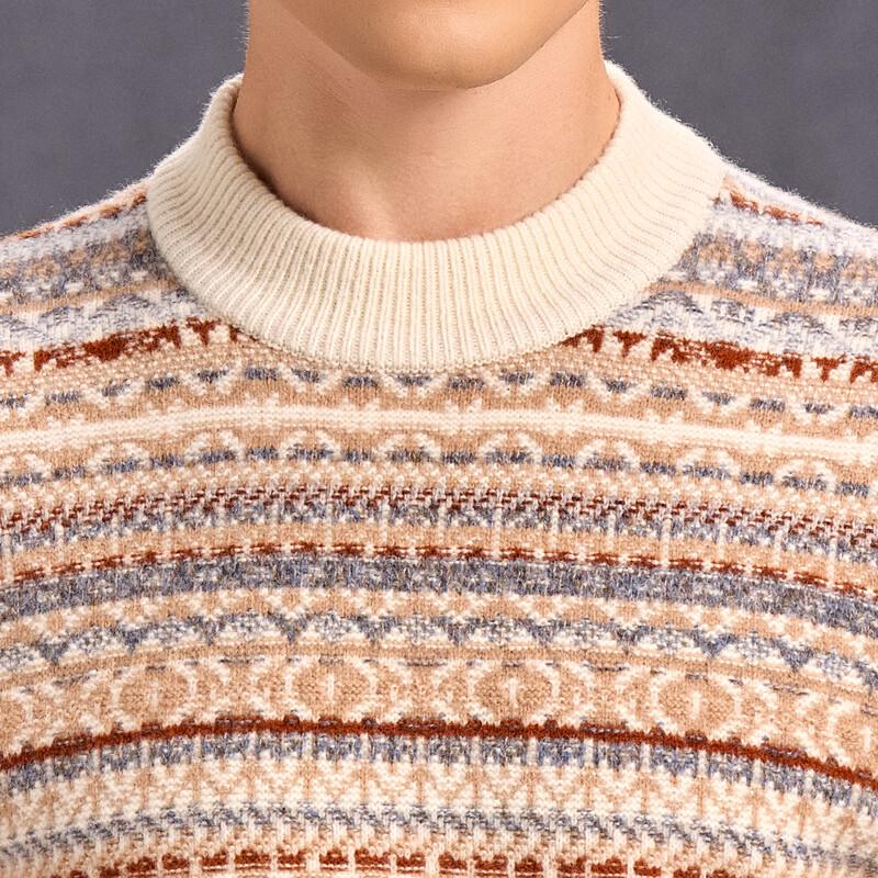 Men's 100% Pure Wool Fair Isle Contrast Pullover Sweater