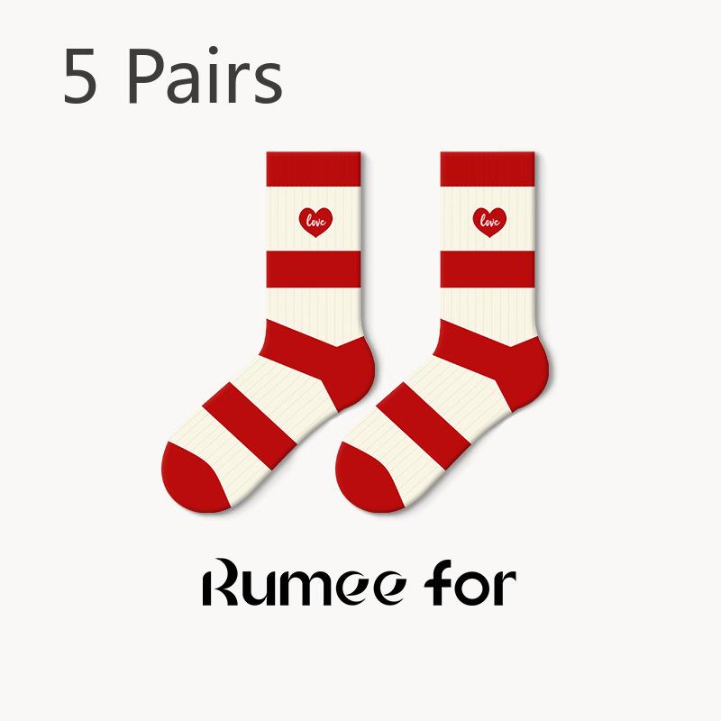 5 Pairs of Female Spring and Autumn Love Embroidery New Year Red Stockings
