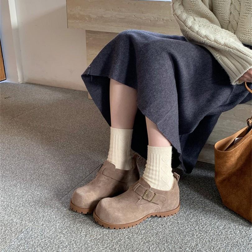 2025 new round head thick sole matte flat bottom outer wear commuter soft sole women's single shoes Mao Mao Boken shoes