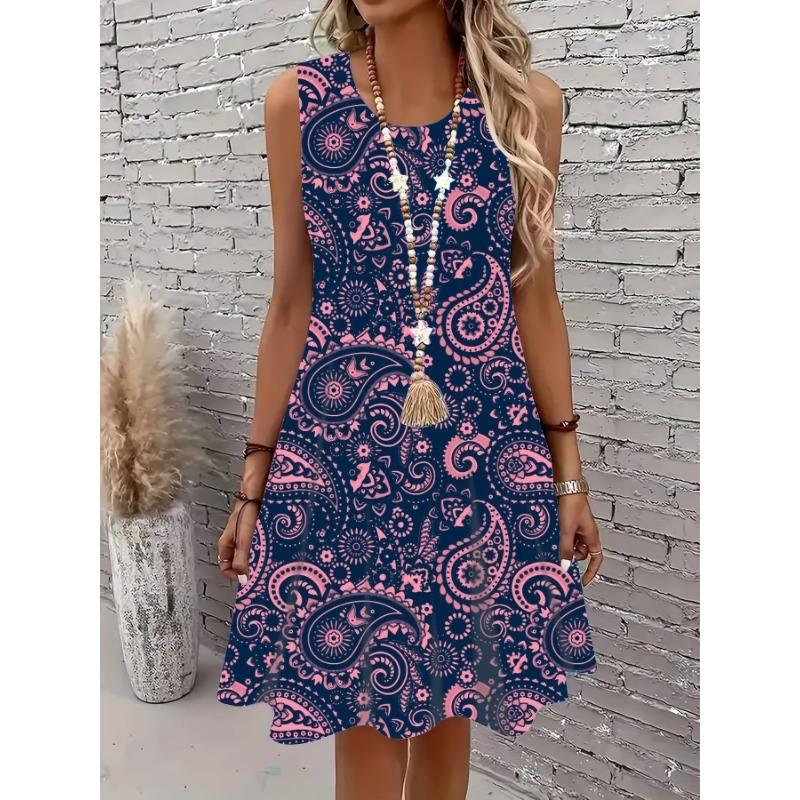 

Женское платье-трапеция без рукавов в богемном стиле с цветочным узором и свободным кроем, идеально подходит для ношения за границей 5XL