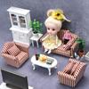 1:12 Dollhouse Miniature Living Room Sofa Set: Gold Trim & Red Stripe Sofa with Throw Pillows