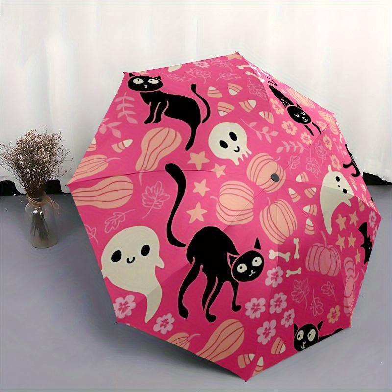 1pc Halloween Cats Automatic Open/close Folding Compact Cute Umbrella, 8-Rib Sturdy Canopy, Lightweight Portable, Everyday Use, Gift, Outdoor Umbrella