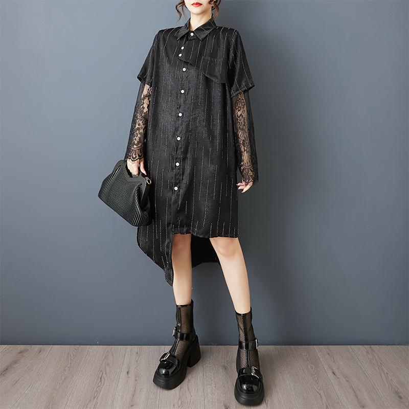 Dimanaf Plus Size Loose Dress Blouse Women 2025 Lace Stripe New Summer Style Black Shirt Dress