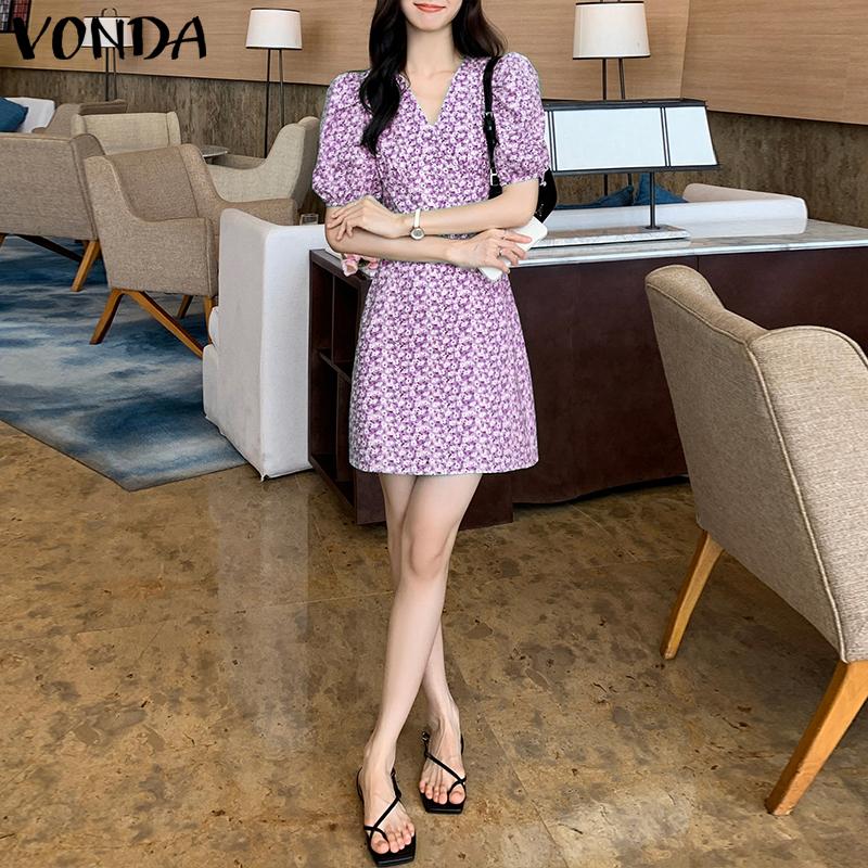 

VONDA Женские летние свободные короткие платья с v-образным вырезом и коротким рукавом с небольшим цветочным принтом