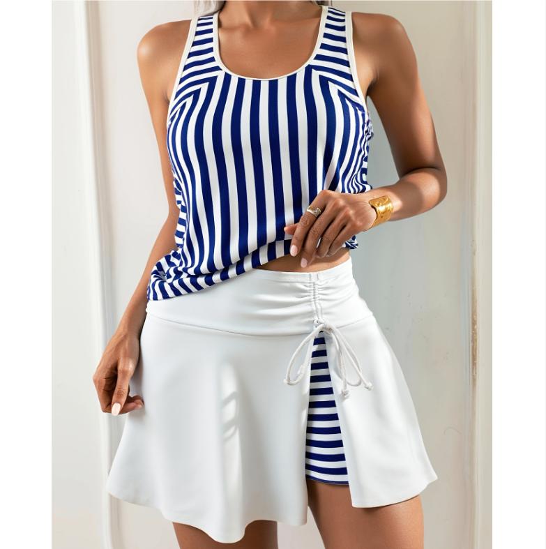 Women's Blue Swimsuit Conservative High Waist Swim Shorts Floral Print Skirt Cover Up Modest Two-Piece Swimwear