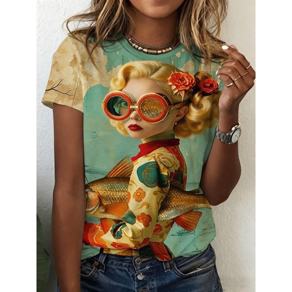 Summer Fashionable Retro Colorful Cartoon 3D Pattern T-shirt Comfortable Oversized Breathable Leisure Versatile Women's T-shirt