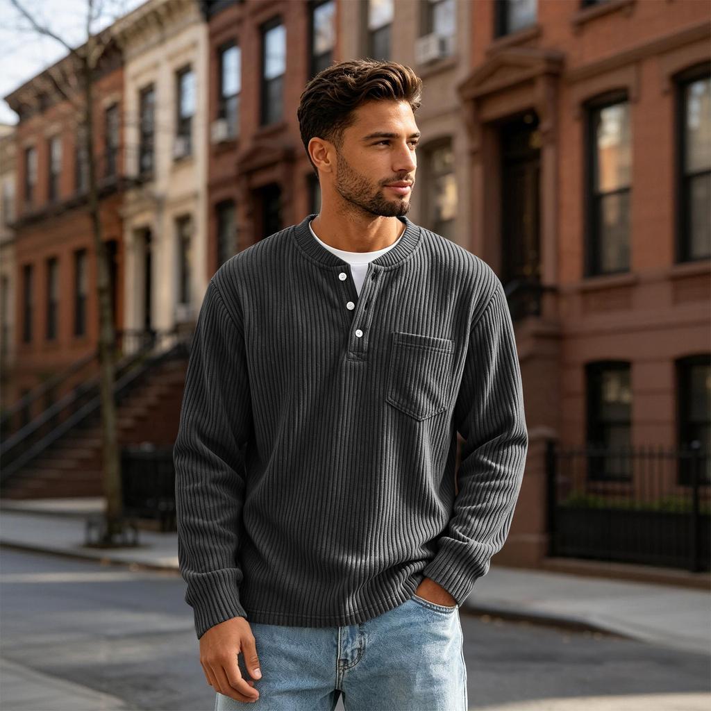Herren Langarm T-Shirt mit Knopfleiste und Tasche für Freizeit und Sport