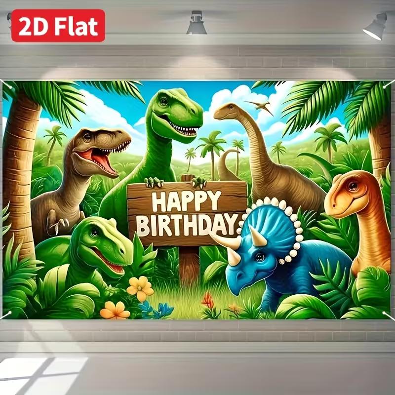 Bright Color Dinosaur Birthday Backdrop, Tropical Palm Tree Jungle Party Background for Birthday Photoshoot Wall Decor