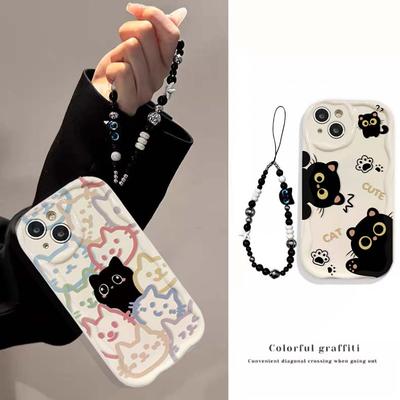 Case For Vivo V60 V40 V50 Lite Y31 5G Y33S Y21S Y28 4G Y17S Y04 Y03 Y29S Y28S Y18 Y400 Black Cat Wrist Chain Cover