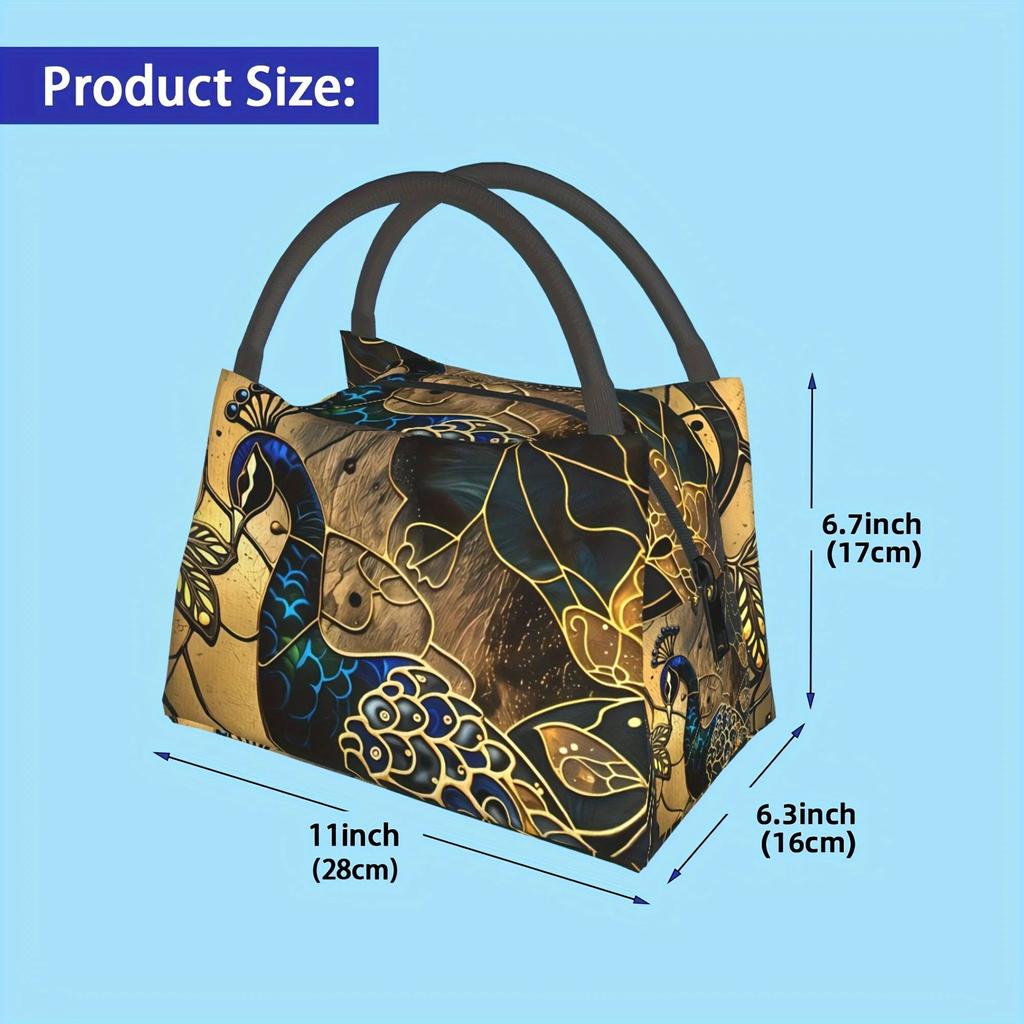 Insulated Lunch Bag - Elegant Golden & Blue Stained Glass Pattern, Reusable & Portable for Home, Office