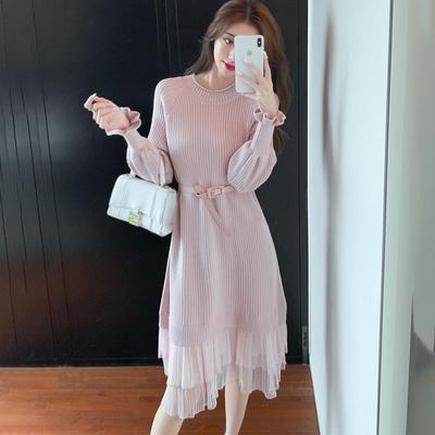 Robe pull longue en maille Patchwork pour femmes, manches pétales, ceinturée, col rond, tricotée
