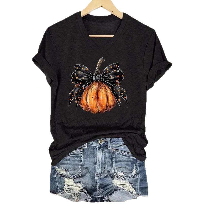 Summer V-neck 3D Bowknot Pumpkin Printed Top Fashionable Casual Short Sleeved Women's T-shirts