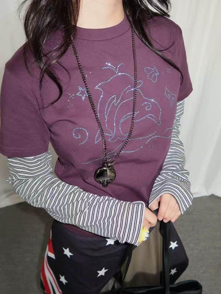 Women's Striped Faux Two-Piece Long-Sleeve Y2K Purple Top for Autumn/Winter