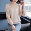 Round Neck Patchwork Yarn Sleeve Hollow Knit Sweater Top Long Sleeved Sweater Women's Base Sweater