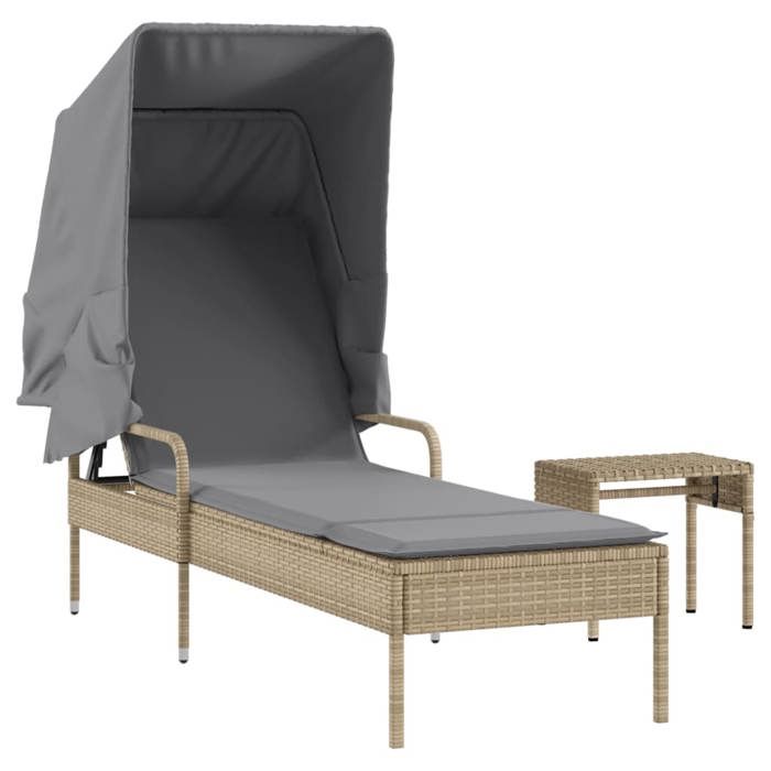 VidaXL Sun Lounger with Canopy and Table Beige Braided Resin, Sunbed, Reclining Lounge Chair, Daybed 368200