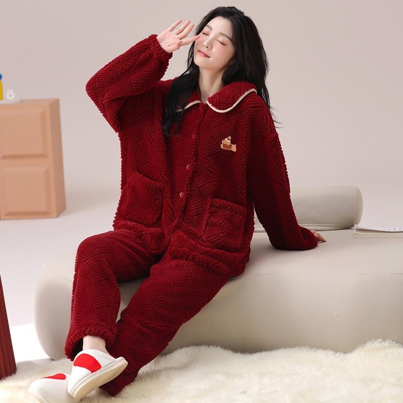 Pajamas Wedding Newlywed Couple Suit Autumn And Winter Coral Fleece Thickened Warm Natal Year Wedding Red Loungewear