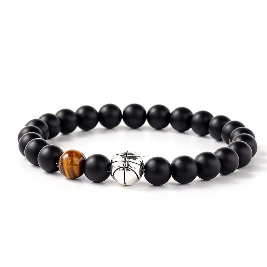 Festive Gifts Matte Black Onyx Tiger Eye Basketball Charm Beaded Bracelet Sporty Fashion Jewelry For Men Daily Wear Gift
