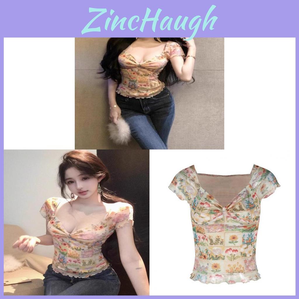 Polyester Floral Offshoulder Short Sleeve Crop Top For Summer Fashionistas