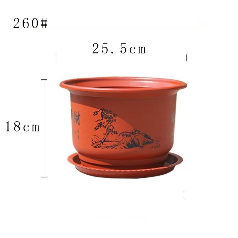 Imitation Ceramic Round Flower Pot, Brick Red Frosted Resin, Realistic Classical Landscape Style