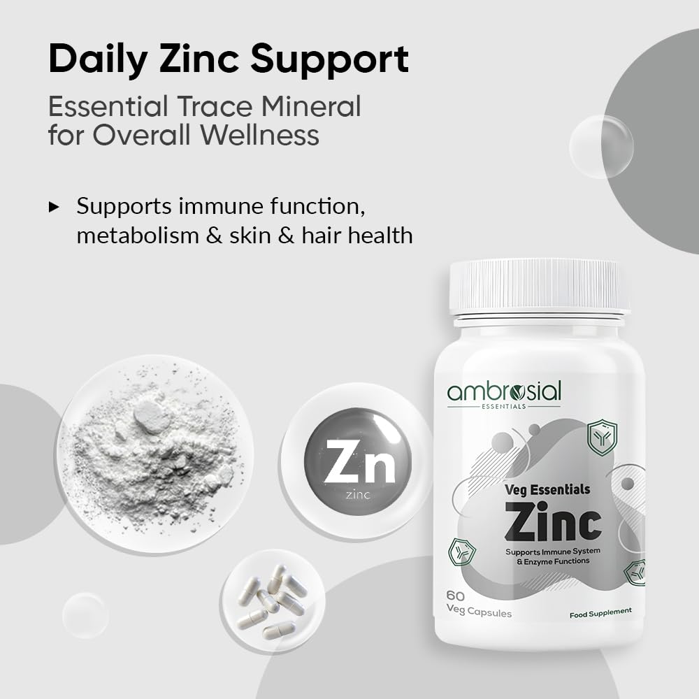 Ambrosial Zinc Supplements - High Strength 30 mg, Highly Bioavailable Zinc Supplement for Men & Women, Immune & Metabolism Support, Zinc Suppleme