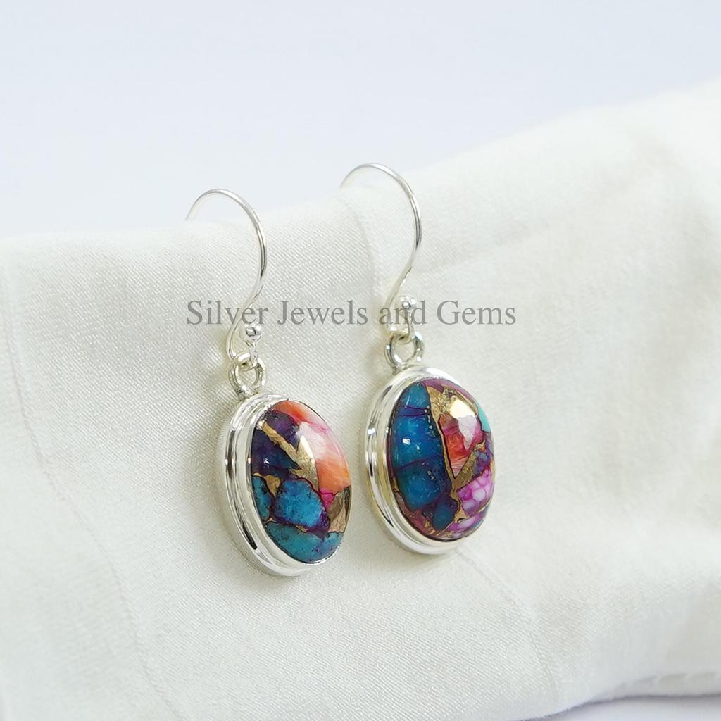 Dahlia Copper Turquoise Earrings, 925 Sterling Silver, December Birthstone