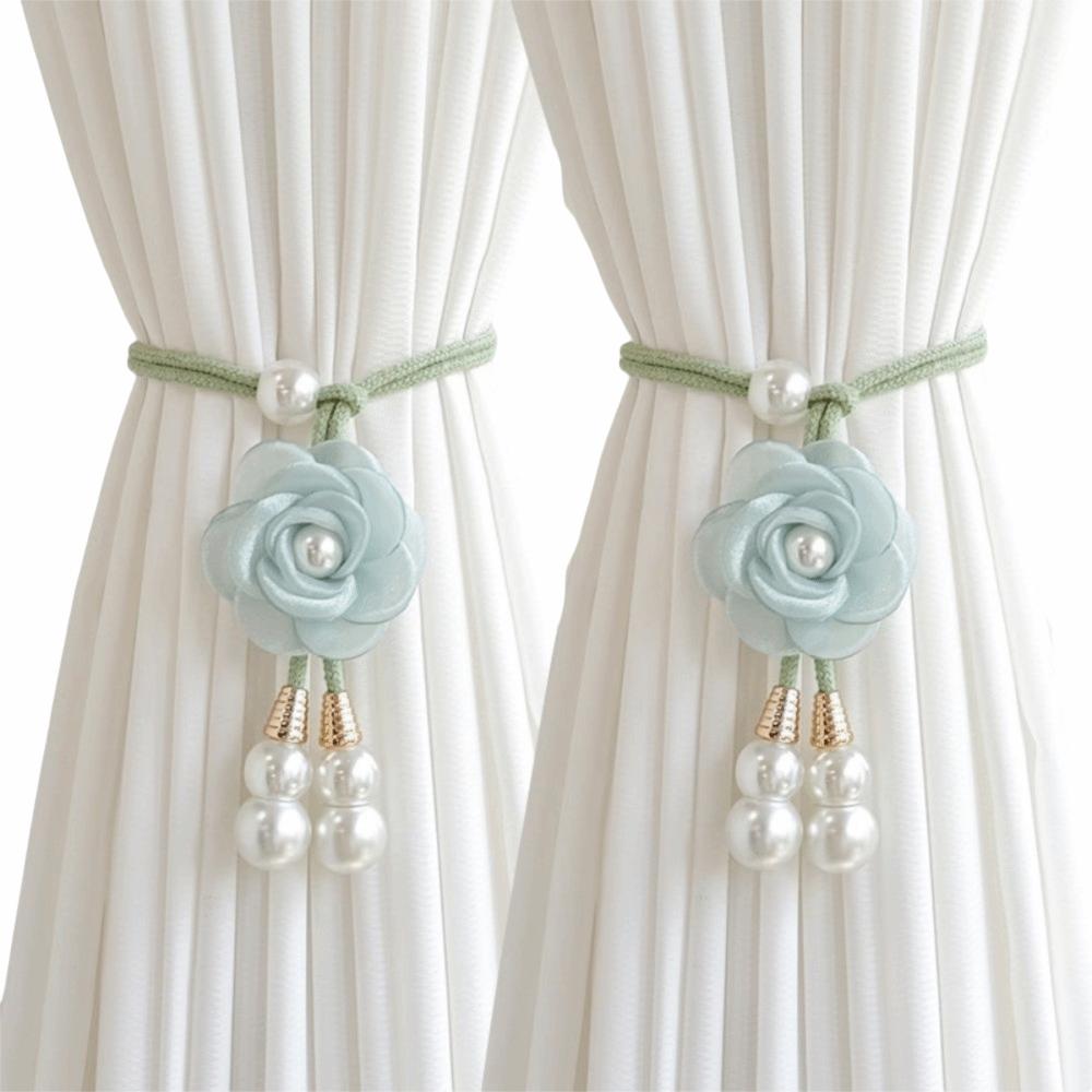 2Pcs Pearl Floral Curtain Tiebacks Minimalist Curtain Ties Camellia Curtain Tiebacks Window Decor зелёный