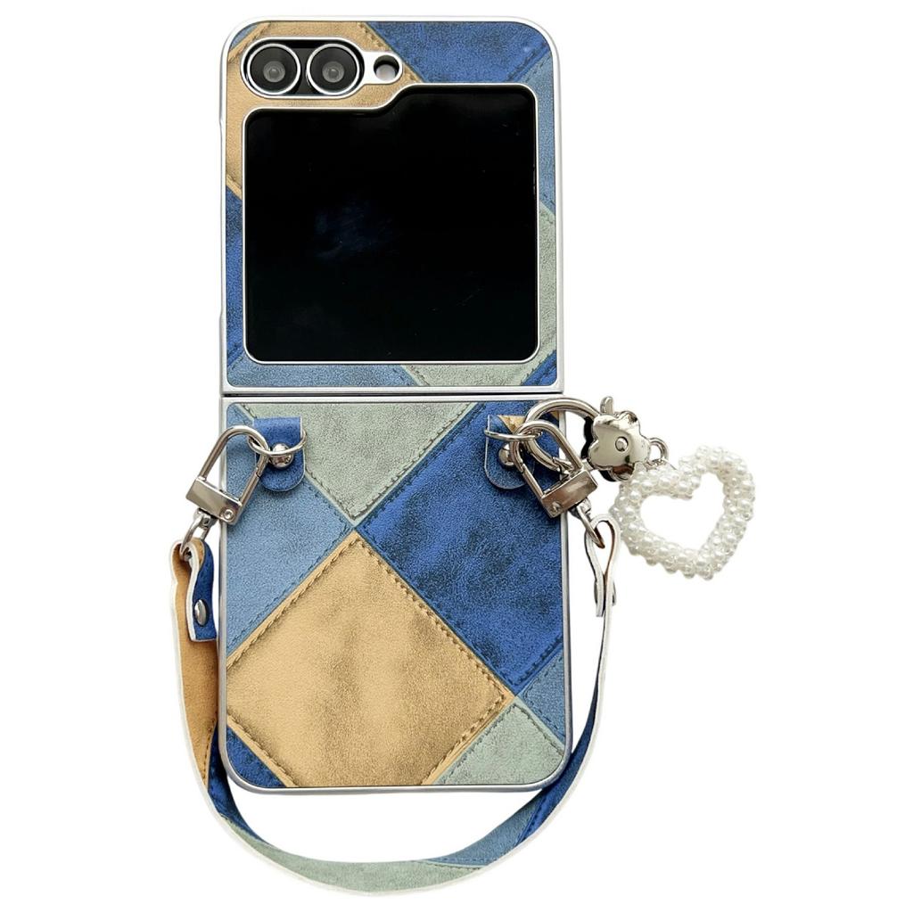 For Samsung Galaxy Z Flip5 5G Case Retro Rhombus PU+PC Phone Cover with Love Pendant and Strap