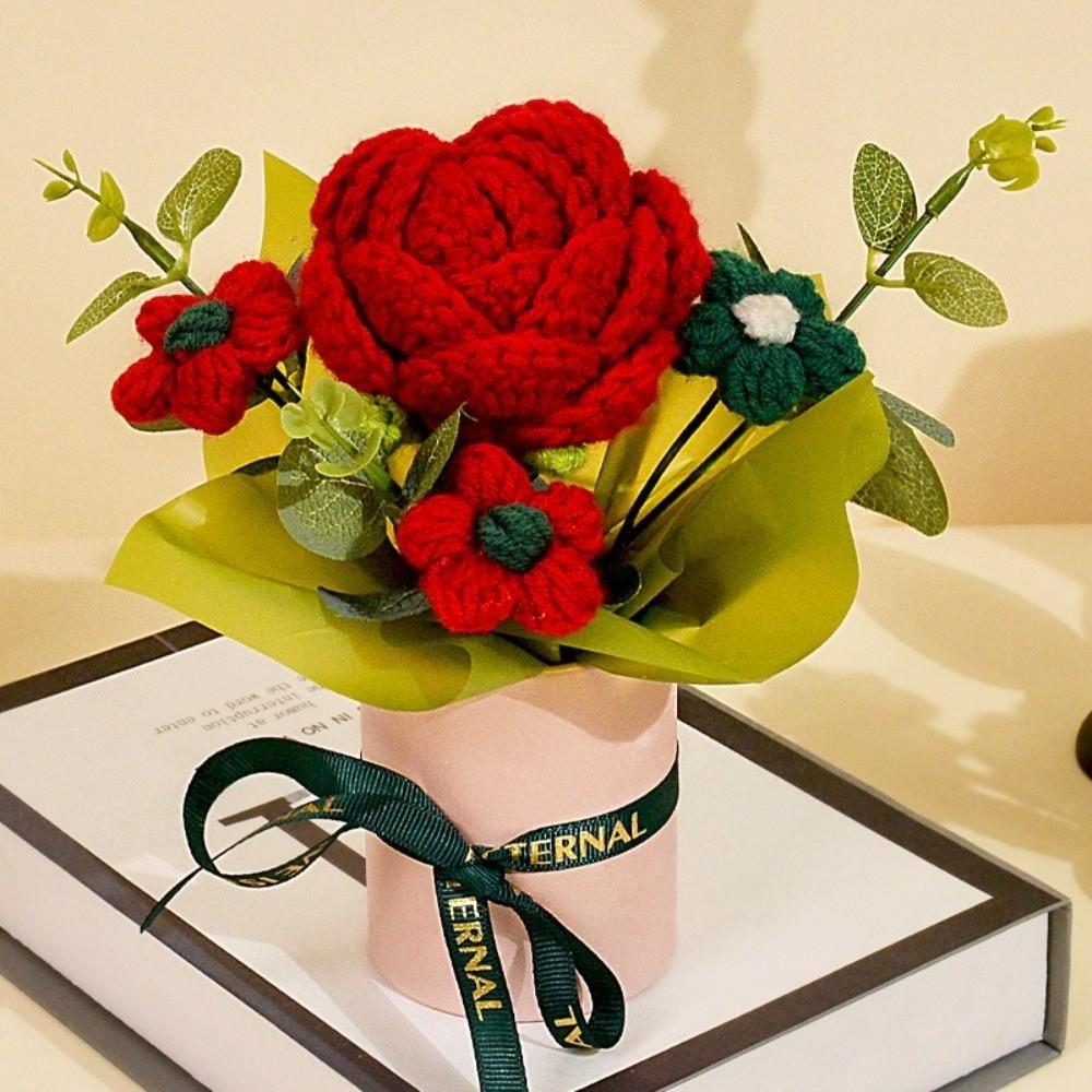 Puff Flower Crochet Bouquet Eternal Flower Desk Decoration Artificial Flower Bouquet Handmade Crochet Yarn Bouquet