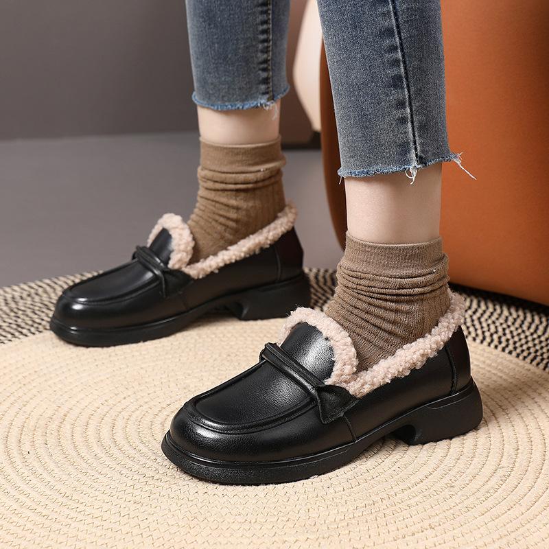 Fashion GKTINOO Women Loafers Genuine Leather with Warm Plush Shoes Square Heels Classic Fashion Winter Leather Shoes Women Big size 42