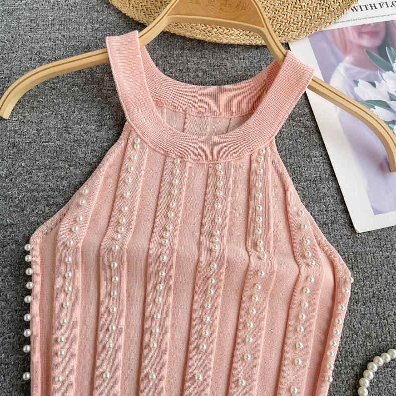 Pure Desire Top Women's Heavy Industry Beads Slim-fitting Short Sexy Off-the-shoulder Neck Sling Vest Women's Versatile Knitted Sweater Tide