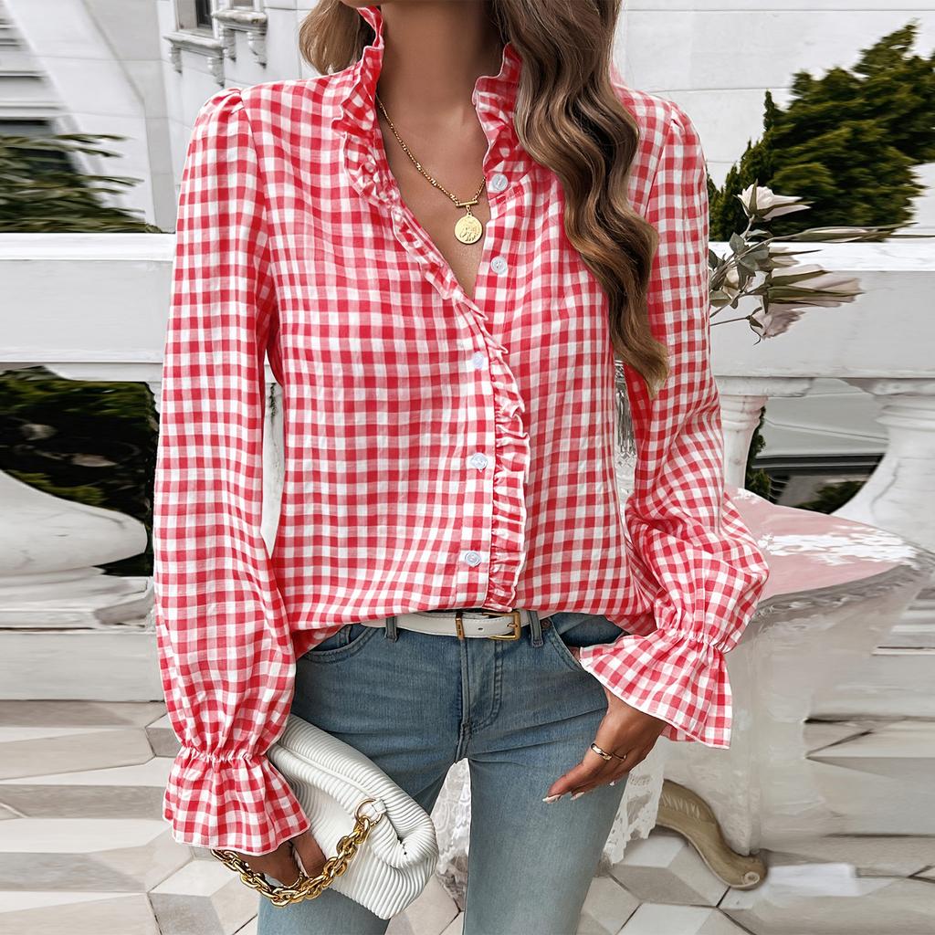 Women's Plaid V-neck Shirt Ruffled Shirt Long Sleeve Top