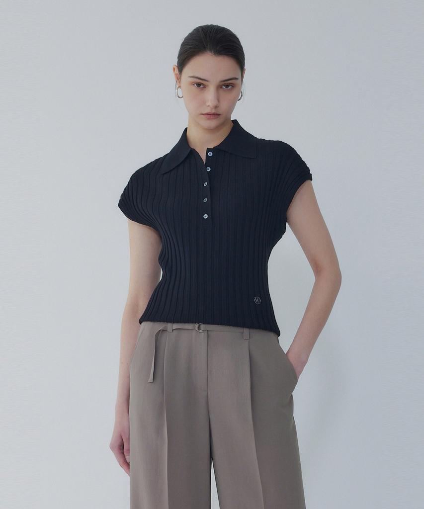 Bobeu Collared Neck Ribbed Knit Pullover_Black 7156250004