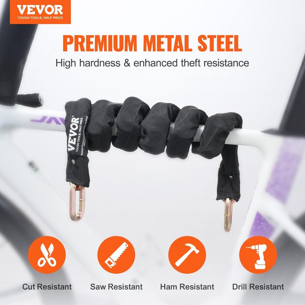 Bike Chain Lock 5.91 Ft Security Bicycle Chain Lock 9.5mm Thickness Black