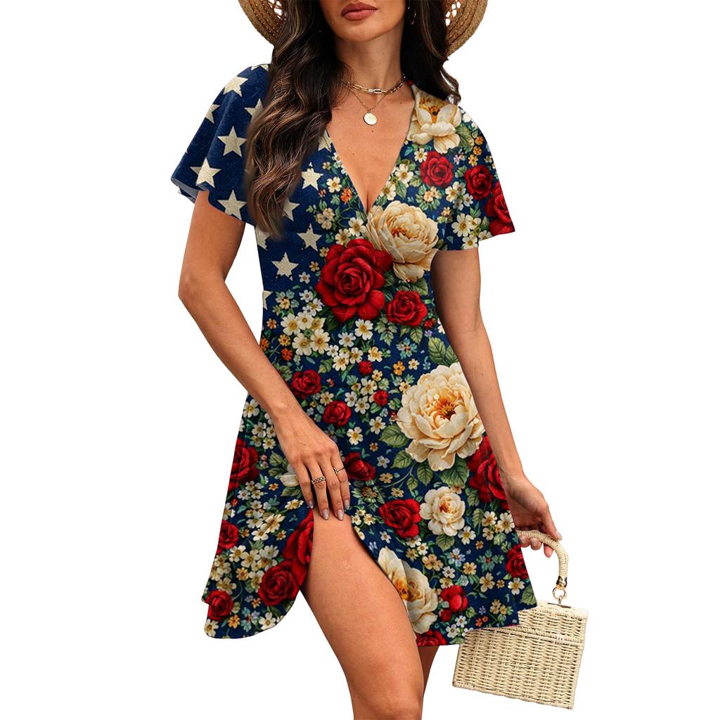 Short Sleeve V Neck Casual Dress with Flag and Floral Print Soft Lightweight Fabric Comfortable Fit
