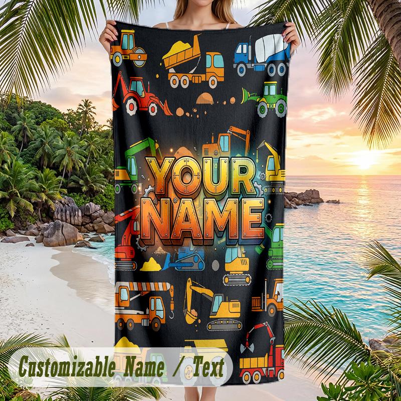 Strandtuch mit Thema Baufahrzeuge, personalisierbar mit Name und Text, weich, schnell trocknend, für Schwimmen und Reisen