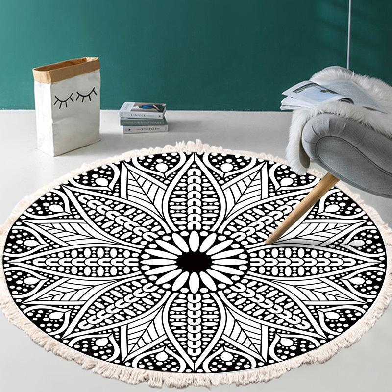 Nordic Cotton and Linen Home Leisure Non-slip Fringed Printed Round Carpet Living Room Floor Mat Bedroom Bedside Blanket