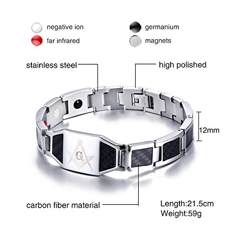 Rockyu Men's Titanium Magnetic Bracelet with Black Plate, Engraved Freemasonry Germanium Bracelet, Metallic Look (White)