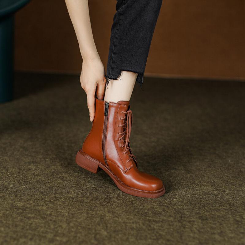 Autumn and winter Korean version of women's knight boots thick-soled non-slip large-size leather boots side zipper low-heeled new square-heeled me