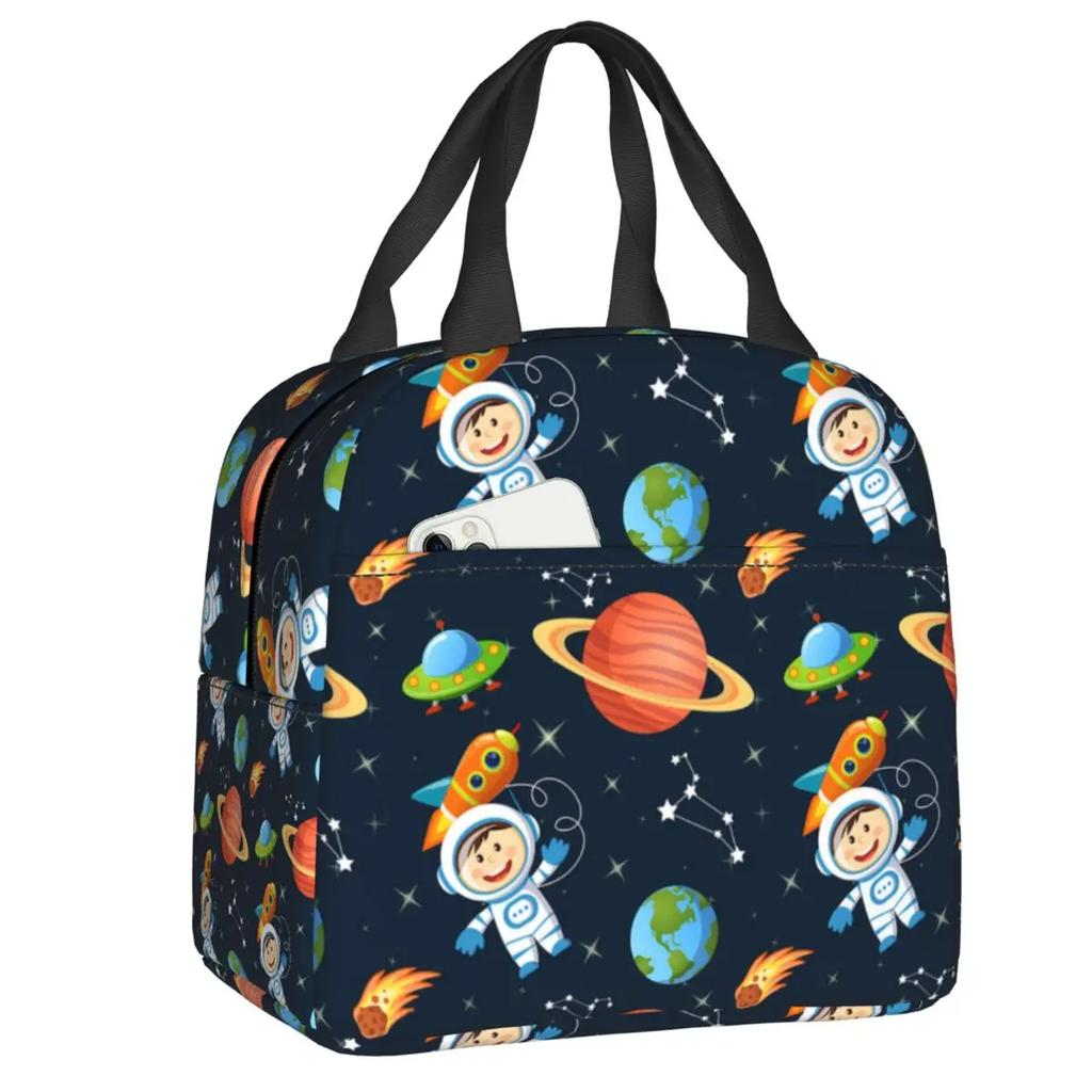 Cartoon Space Planet Rocket Thermal Insulated Lunch Bag Women Astronaut Spaceship Portable Lunch Box for Kids School Food Bags