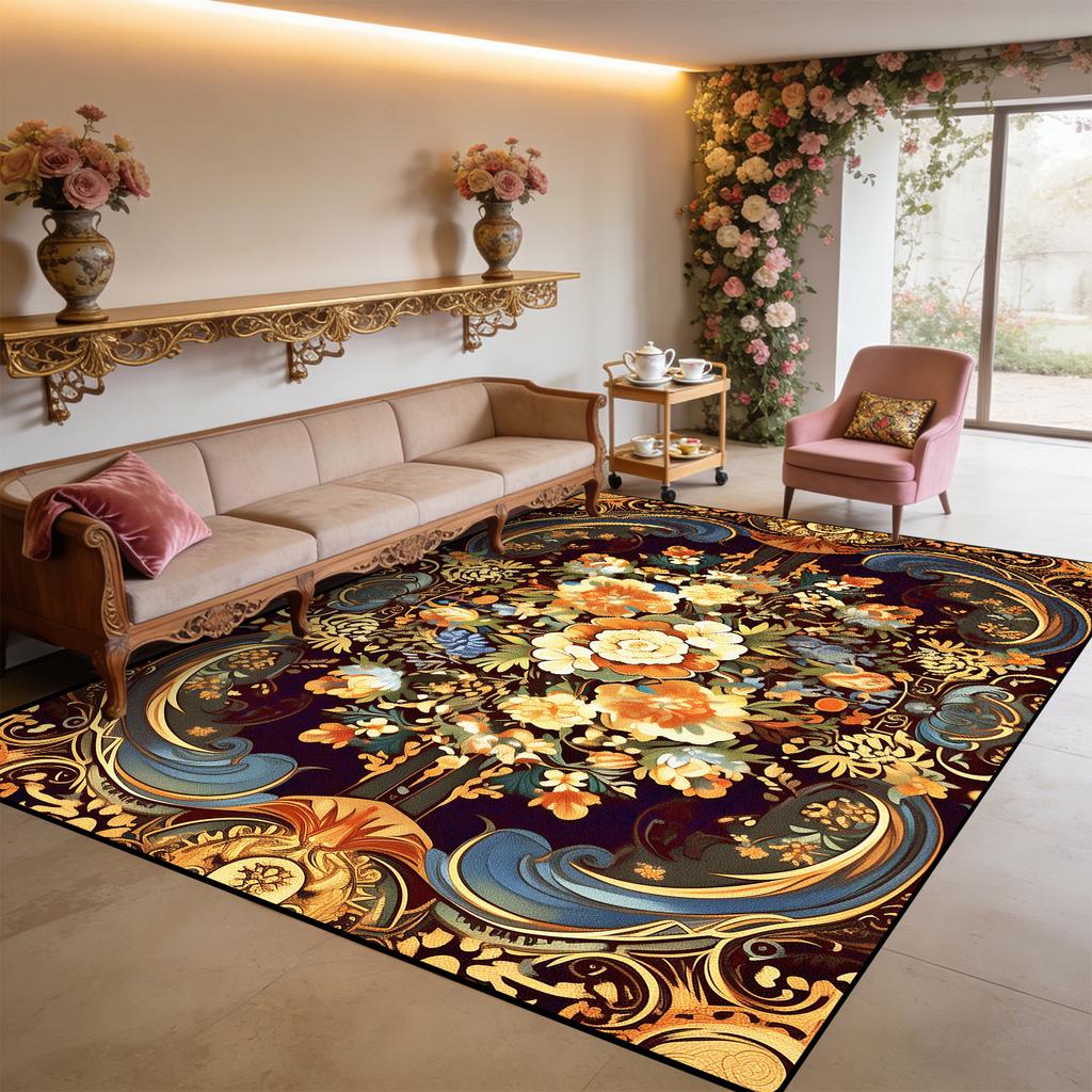 Persian Retro Living Room Carpet Light Luxury Flower Pattern Washable Large Size Rug Decoration Bedroom Fluffy Anti-slip Mats