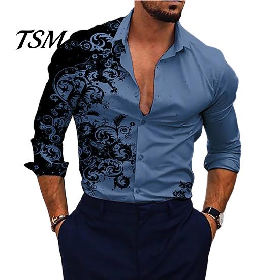Men Top Shirt Gradient 3D Printed Long Sleeve Turndown Collar Slim Fit Temperament Button Down Clothing L синий
