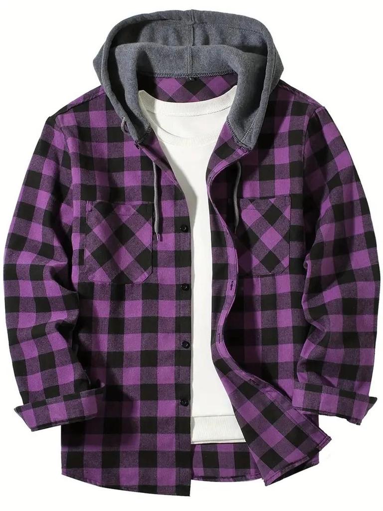 Camicia con Cappuccio a Quadri Rossi e Neri Trendy da Uomo - Capo Esterno Casual a Vestibilità Larga per Primavera & Autunno 2026