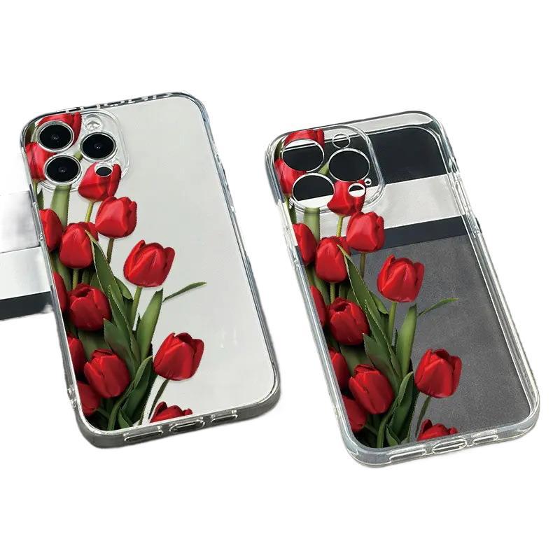Exclusive for ins tulip flowers, suitable for Apple 17/16 transparent silicone 15promax all-inclusive mobile phone case